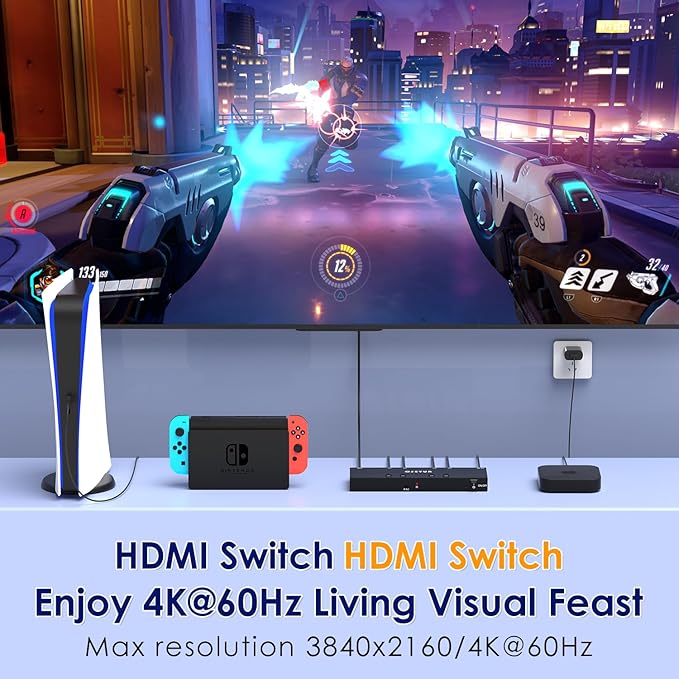 4K@60Hz 4 in 1 Out HDMI Switch, 4 Port HDMI Switcher Selector Support HDR10 & HDCP 2.2 & Full 3D with IR Remote Control Compitable with Nintendo Switch,Xbox PS5/4,Fire Stick,Roku,Apple TV for Gaming