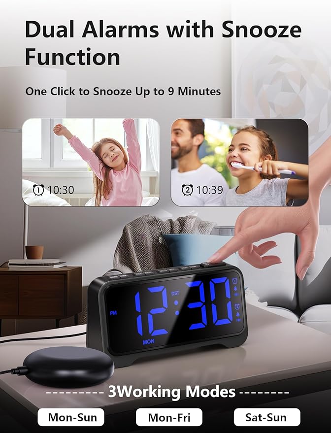 Mesqool Extra-Loud Alarm Clock with Bed Shaker for Heavy Sleepers, Vibrating & Buzzer Modes, Dual Alarms, USB Charging, Snooze & Battery Backup for Adults, Teens, Seniors