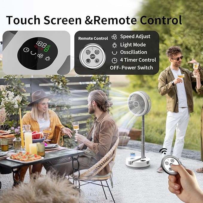 Socool 40000mAh Portable Fan Foldable Battery Rechargeable with 8 Speed & 106H, 90° Osciliating Floor Standing Fan Remote, Desk Fan with 8H Timer & LED Light for Home Outdoor Travel Camping