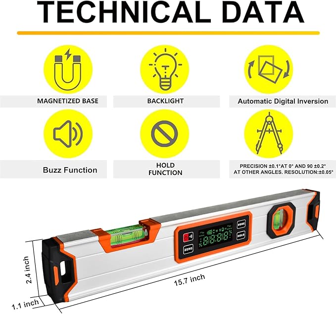 eOUTIL 15.7-Inch Digital Torpedo Level & Angle Finder – IP54 Waterproof Inclinometer with Backlit LCD, V-Groove Magnetic Base, 0.1° Accuracy – for Construction, Woodworking, Metalworking（Orange)