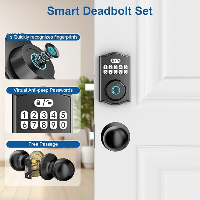 BAFUWEIY Fingerprint Door Lock with Door Knobs Set, Keyless Entry Door Lock Deadbolt with Handle, Smart Front Door Lock Set with APP Control/Fingerprints/Passwords/Auto-Lock/Easy Installation Black