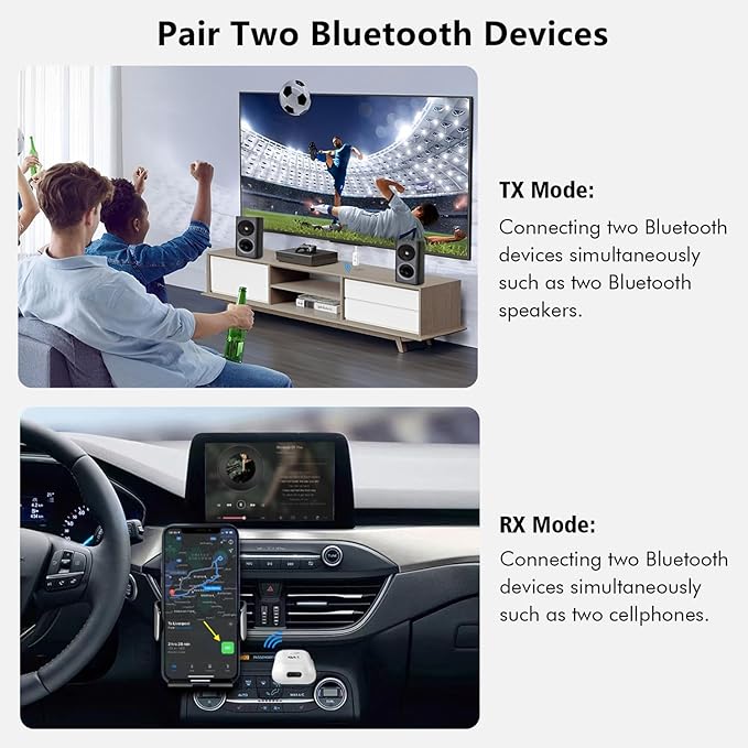 Bluetooth 5.2 Audio Transmitter Receiver for TV, Bluetooth Transmitter for Headphones, 2 BT Devices Connections, 3.5mm Jack Aux Airplane Headphone Adapter for Car/Home Stereo, White