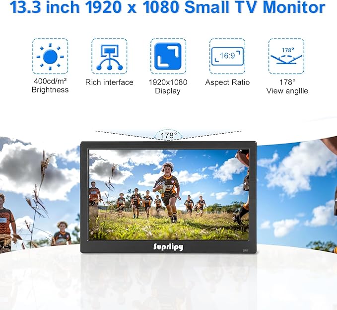 Suprlipy 13.3 inch FHD Small IPS Monitor LCD Display Screen 1920x1080 60Hz 16:9 with BNC VGA AV Input Built-in Lounspeakers for CCTV Security Camera DVR PC RasPi
