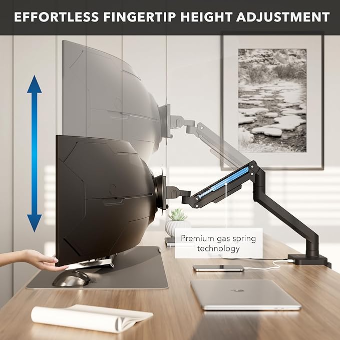 Mount-It! Proflex Series Heavy-Duty Monitor Desk Mount, Fits 17–49” Ultrawide Screens, Full Motion Gas Spring Arm, 44 lbs Capacity, USB-C & USB 3.0 Ports, VESA 75/100, Clamp or Grommet Base