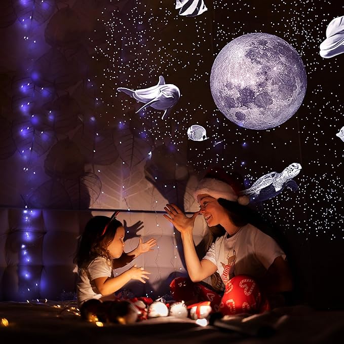 USB Power Moon Projector Night Light with Dolphins and Whales Flying Around,Angle Bendable and Image Clearness Adjustable Moon Atmosphere Projector, Christmas Birthday Gift