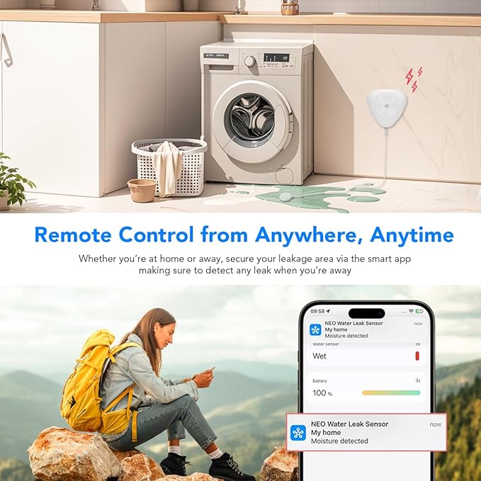 NEO Zigbee Water Sensor, Smart Water Leak Detector for Home, Requires Zigbee Hub, Compatible with SmartThings and Home Assistant (ZHA & Z2M) (2 Pack, Piece, 2)