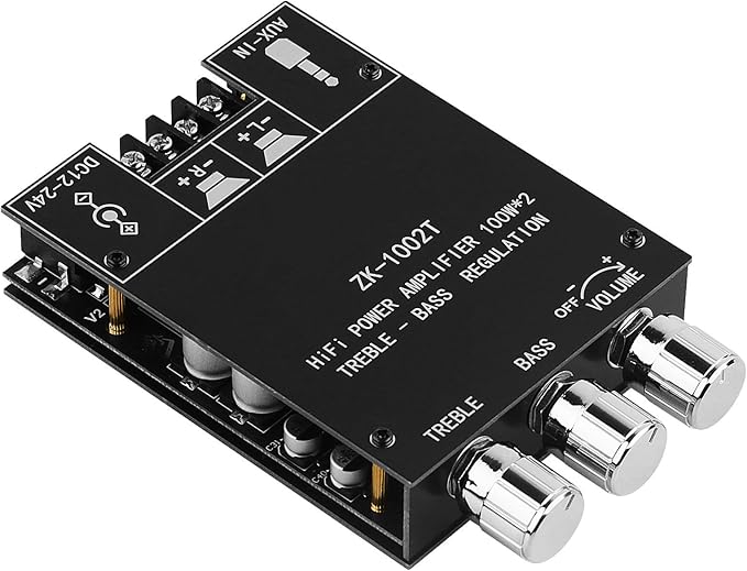 ZK-1002T Bluetooth Amplifier Board 2.0CH 100W*2 Mini Audio AMP with Treble and Bass Control, BT and AUX Inputs, DC 9-24V Stereo AMP Module for Home Speakers, Update Version APP Control