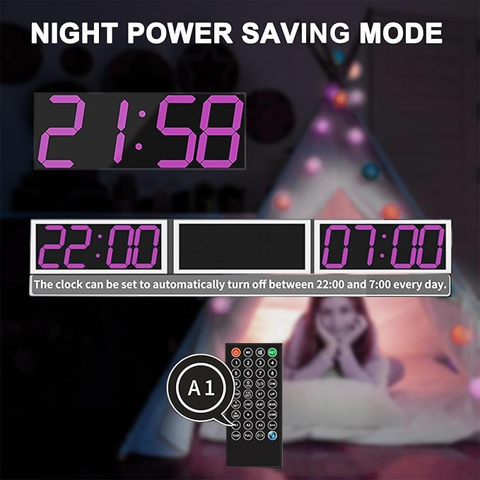 CHKOSDA LED Large Digital Wall Clock, Oversize Wall Clock with 6” Numbers, Remote Control Count up/Countdown Timer Clock, Auto Dimmer, Big Calendar and Thermometer(Purple)