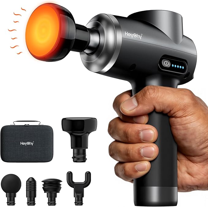 HEYCHY Professional Muscle Massage Gun with Heat, Portable Handheld Muscle Massager, Percussion Back Body Masajeador 12mm Amptitude for Athletes, Runner,Electric Back Massager for Men Women