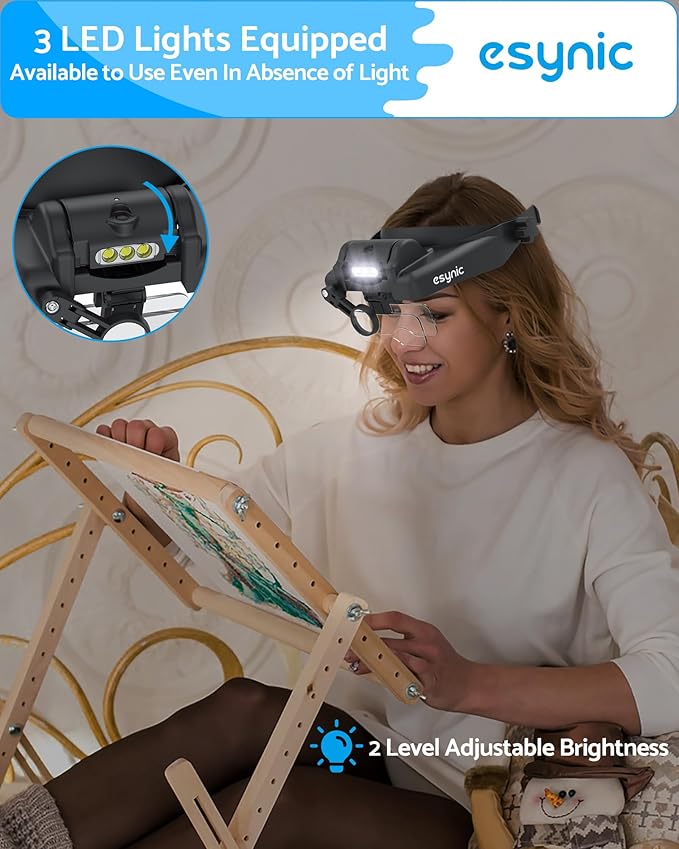 eSynic Type-C Rechargeable Magnifying Glasses Headset-Up to 14X Magnification-5 Interchangeable Lens-3 LED Lights -2 Adjustable Brightness Levels-Comfort & Fit Headband Magnifier for Crafts/Reading