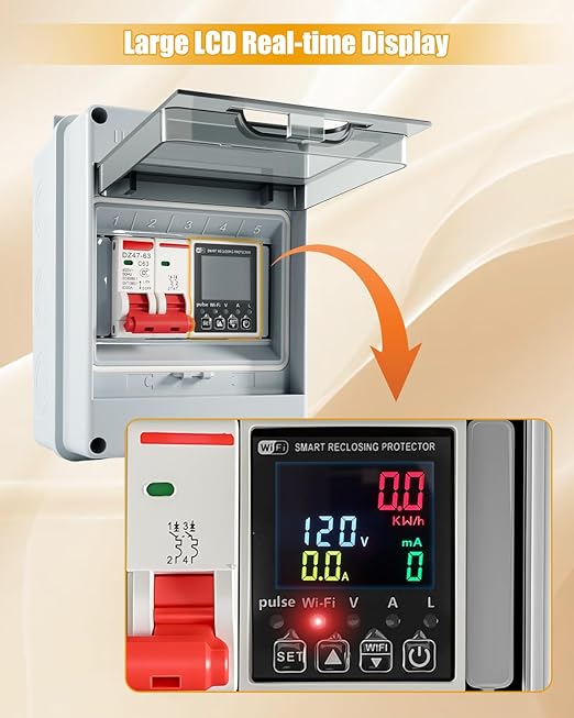 Smart Energy Monitor Box, 63A Circuit Breaker Power Consumption Monitoring with App & Voice Control, Timer Function, Overload Protection for Home Electrical Systems, AC100-250V