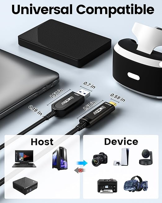 GeoHN.G USB A to USB C Fiber Optic Cable 15M/50FT, USB 3.2 10Gbps Long Distance Data Transfer USB C Extension Cable for VR, Camera, Mini PC, Laptop, Webcam, Printer and More