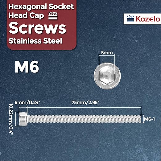 Kozelo 20pcs Socket Head Cap Screws - [M6-1 x 75mm] 304 Stainless Steel Allen Socket Drive for Electrical Motor 3D Printing Fan Engine Replacement Use, Silver