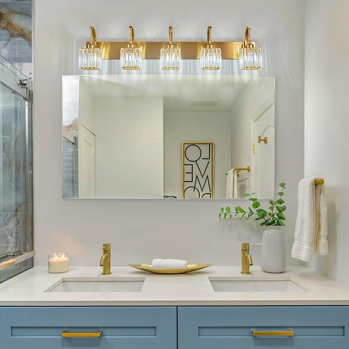 FDPBY 5-Light Crystal Vanity Light, Modern Gold Bathroom Wall Sconce with K9 Crystal Shades, 42.51" Long Over Mirror Lighting for Vanity, Makeup, Hallway, Elegant & Easy Installation