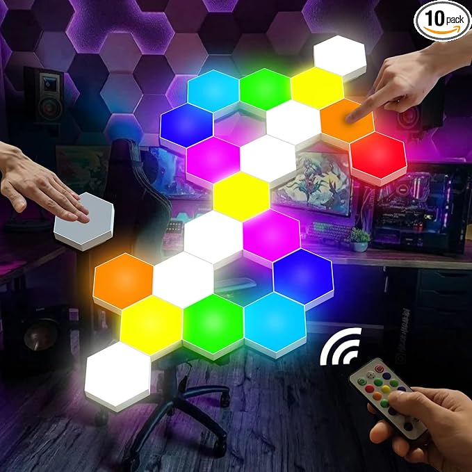 Vcwtty Hexagon Lights, Smart LED Wall Lights with Remote, 13 Colors Touch-Sensitive DIY Modular Assembled RGB Wall Panels, Hex Light with USB-Power for Autism, Game Room Decor, Party (10 Pack)