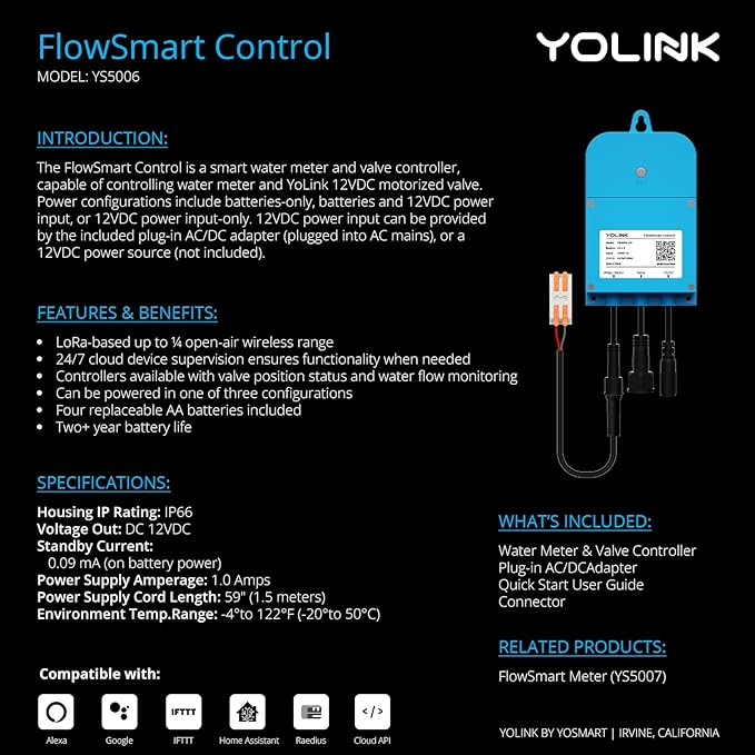 NSF Certified Pulse Meter + Shutoff Valve Kit, 1-1/2", FlowSmart Controller YS5006 Reads Meter Pulses, Real-Time Usage & Leak Detection, Auto Shutoff (D2D Offline), LoRa Long Range, Hub Included