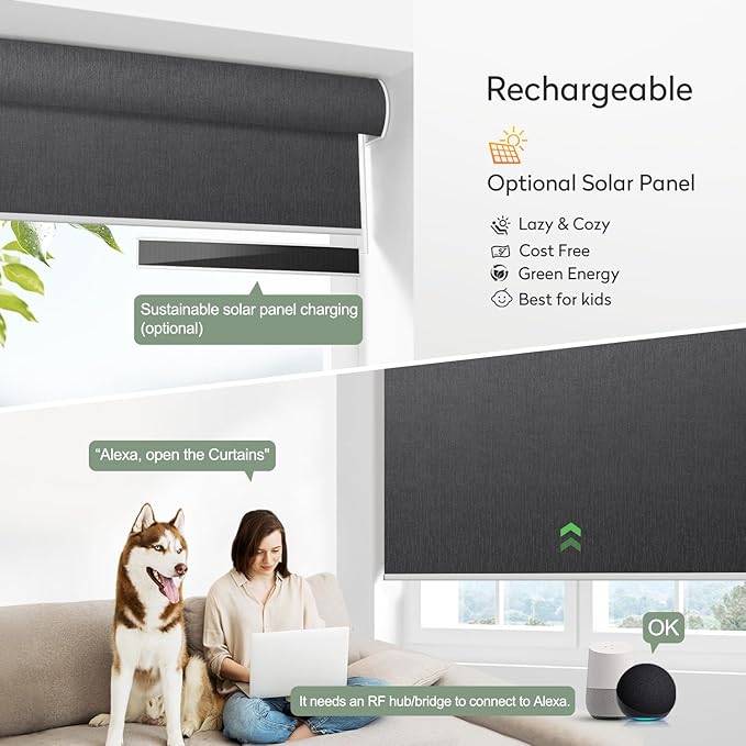 Zshine Motorized Blackout Window Blinds Customize Width (23-95 Inches) Remote Control Wireless and Rechargeable Roller Shades Blinds for Windows, Home, Office, Hotel, Club, Restaurant(82164E)