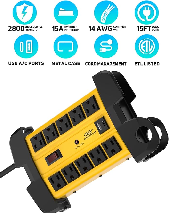 CRST Heavy Duty Power Strip with USB (3.1A),10-Outlet Metal Surge Protector Power Strip with 15FT Cord(2800J),15A Circuit Breaker, Wall Mount, ETL Listed