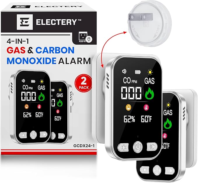 Carbon Monoxide Detector Plug in, 4-in-1 Gas and Carbon Monoxide Detectors with Digital Display, Natural Gas Leak Detector for Home RV Kitchen, Dual Alarm 85dB, Temperature Humidity Sensor (2 Pack)