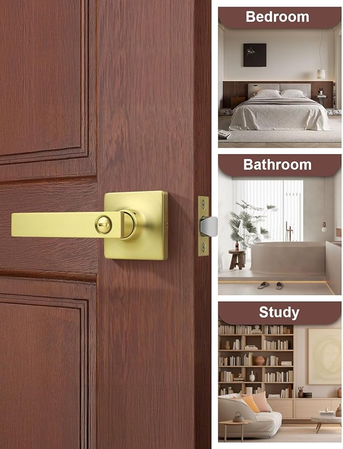 Mengico 10 Pack Gold Privacy Lever Door Handle Interior with Lock, Heavy Duty Square Door Lock for Bed/Bath, Keyless Door Locksets, Reversible for Left Right Handed Doors