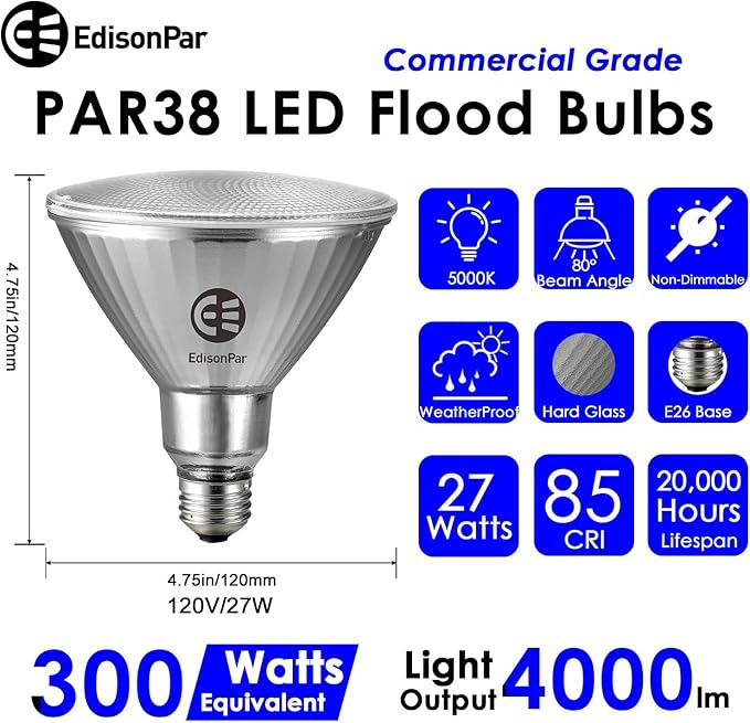 EdisonPar Full-Glass PAR38 LED Flood Light Bulbs Outdoor/Indoor Equivalent 300 Watt, 4000 Lumens Ultra Bright, Non-Dimmable Waterproof 5000K Daylight, 2-Pack