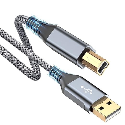 sweguard Printer Cable 20ft, USB Printer Cord USB 2.0 Type A Male to B Male Cable Scanner Cord High Speed Compatible with HP, Canon, Dell, Epson, Lexmark, Xerox, Samsung and More - Grey