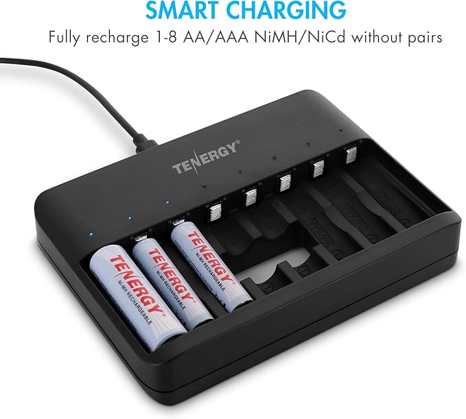 Tenergy TN477U 8-Bay Fast Charger for NiMH/NiCD AA AAA Rechargeable Batteries with 4pcs 2500mah AA and 4pcs 1000mah AAA Rechargeable Batteries