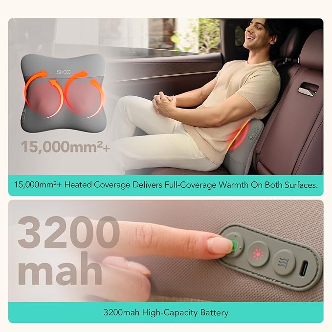 SKG Cordless Back Massager for Pain Relief Deep Tissue 4D Back and Neck Massager with Dual Sided Heat Gifts for Men and Women Dad Mom Grandpa