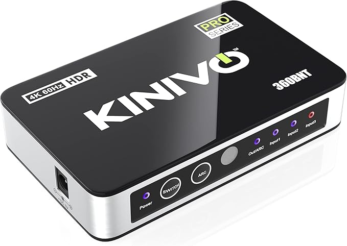 Kinivo HDMI Switch with Audio Extractor 360BNT (3 in one out, Toslink Optical Audio Port, SPDIF, 4K 60Hz, High Speed 18Gbps, IR Remote) - Compatible with Roku, PS5, Xbox, Apple TV, Dolby Digital/Atmos