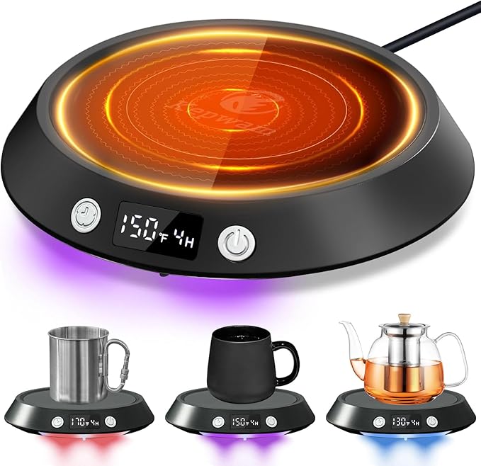 Kepwam Coffee Mug Warmer - 55W Electric Coffee Warmer for Desk 3 Temp Settings & 2-9 Timer Smart Cup Warmer for Desk Candle Warmer Plate with LED Lights Beverage Tea Milk Warmer for Home & Office