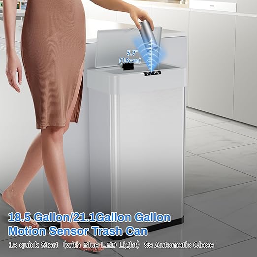AthLike Sensor Trash Can, Touchless Motion Sensor Trash Bin, Smart Automatic Garbage Can with Soft-Close Lid, Bag Retainer Ring and Display Light,for Kitchen,Living Room Office (Silver, 16 Gal)