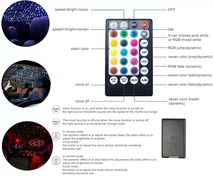 AZIMOM Car Use Bluetooth 6W RGBW LED Fiber Optic Lights Star Ceiling Light Kit APP Remote Control Mixed 430pcs 9.8ft Fiber Cable Music Mode Sensory Lighting Indoor Home Interior Decoration