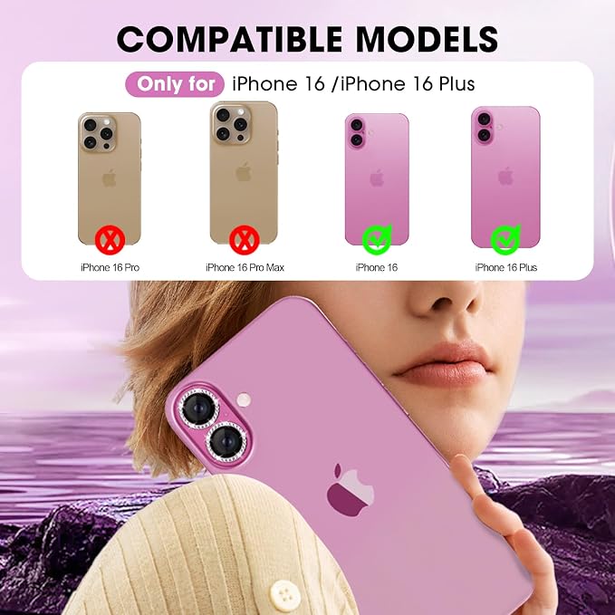 for iPhone 16/16 Plus Camera Lens Protector Bling Individual Metal Diamond Ring - Image 2