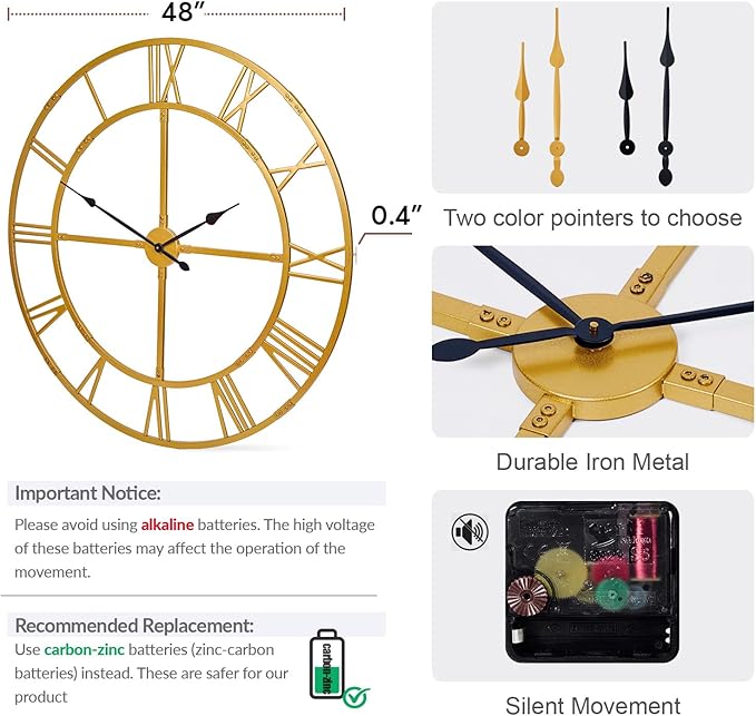 Ohweog Large Wall Clock for Living Room Decor – 48 inch Silent Non-Ticking Modern Farmhouse Wall Clock, Oversized Decorative Metal Roman Numeral Clock, Gold