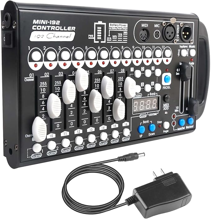 Battery Dmx Controller with Midi, Portable Dmx Controller for Moving Head Lights, Dmx 192 Controller Lighting Console, Dmx512 Controller with Built-in Battery
