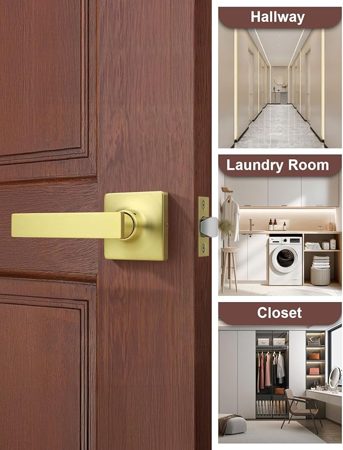Mengico 2 Pack Passage Door Levers Gold Finish, No-Locking Keyless Square Door Knob, Interior Door Handles for Closet and Hallway, Reversible for Left & Right Handed