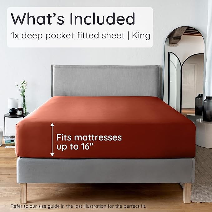 Bambaw 100% Viscose Derived from Bamboo Fitted Sheets King Size, Cooling Fitted Sheets King Size, 16’’ Deep Pocket, Breathable Bottom Sheet Only (Terracotta)