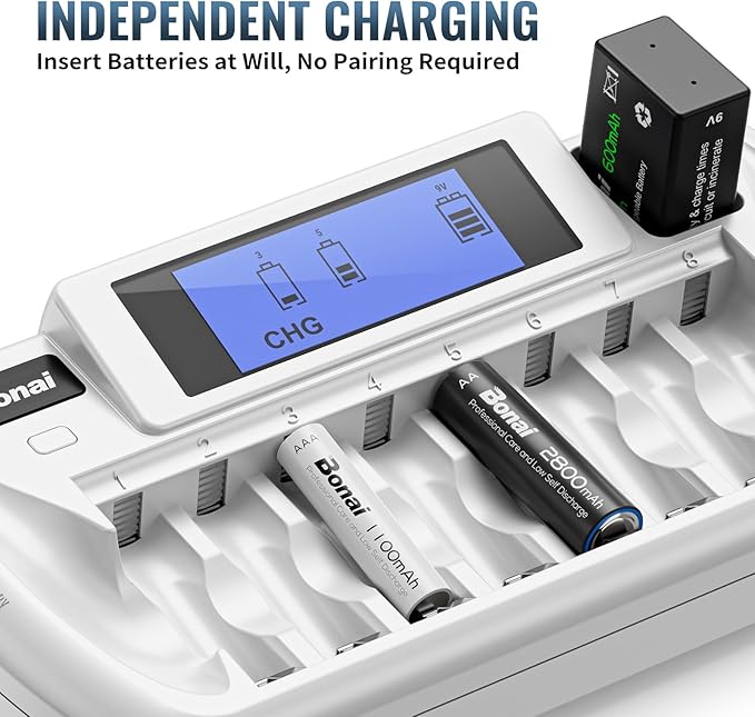 BONAI Rechargeable AAA Batteries with Charger, 8+1 Bay Battery Charger AA AAA with LCD Display for 1.2V NiMH AA AAA 9V, 1100mAh High Capacity Low Self Discharge- 8 Pack