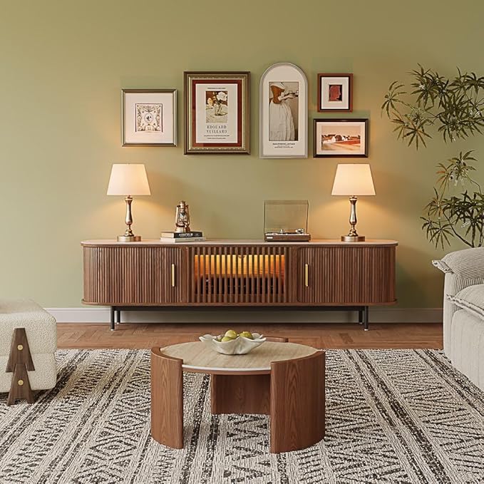 POVISON Fully-Assembled Mid Century Modern Black TV Stand with White Matte Travertine Stone Tabletop & LED Lights, Rolling Door Media Console, Wood TV Console for Living Room