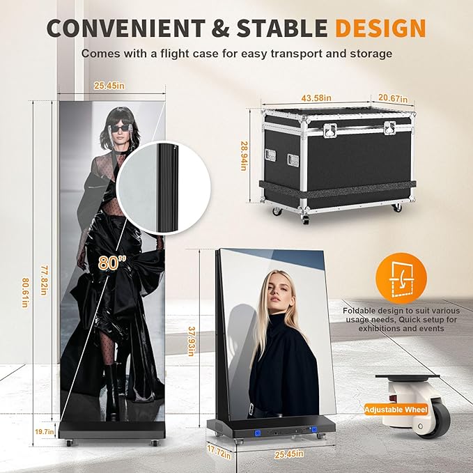 JASZDOT 80" Seamless Splicing LED Display, Foldable Poster Screen with P1.86 Digital Signage Display LED Totem with USB/HDMI/WiFi/Remote