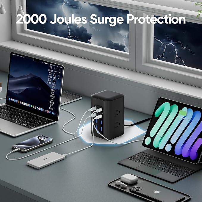 TenTrend Power Strip Tower (230W), 14-in-1 USB-C Charging Station Tower with 2000J Surge Protection, 5FT Extension Cord with 6 AC Outlets & 8 USB Ports for Home Office Dorm Essentials