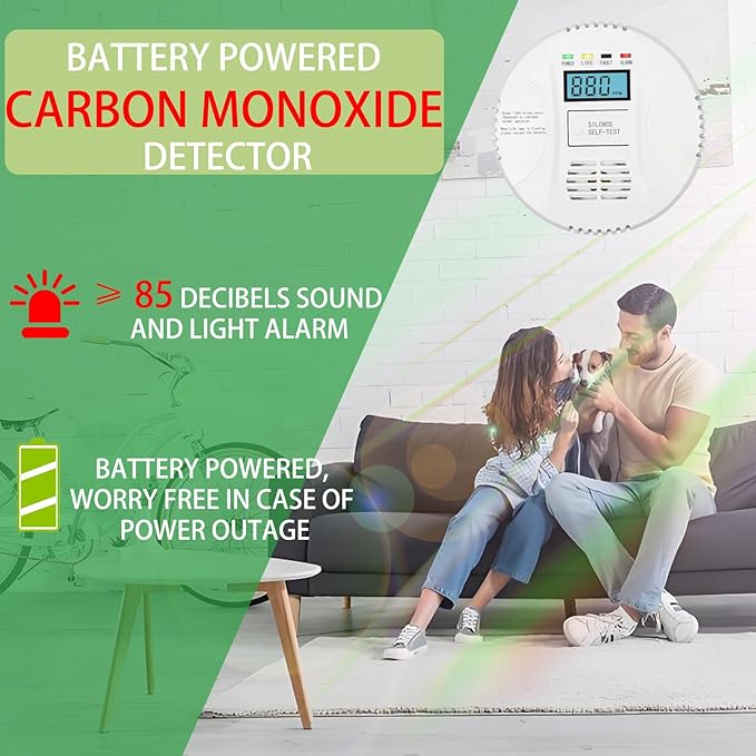 Carbon Monoxide Detector, VzmcovCO Monitor Powered by AA Battery (not Included), with LCD Digital Display, Used for Voice Alarm in Home Office, Hotel Garage, Kitchen, Bedroom, Living Room (1Pack)