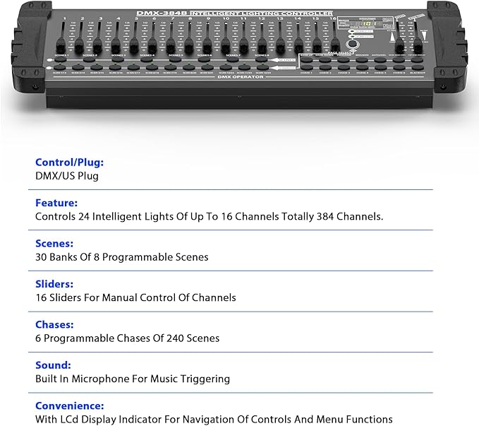 Wiwreenm DJ Controller 384CH Fog DMX-512 DJ Controller Support 30 Banks 8 Scenes 24 fixtures Stage Lighting Console for Program Editing of DJ Lights Show Bar Club Live