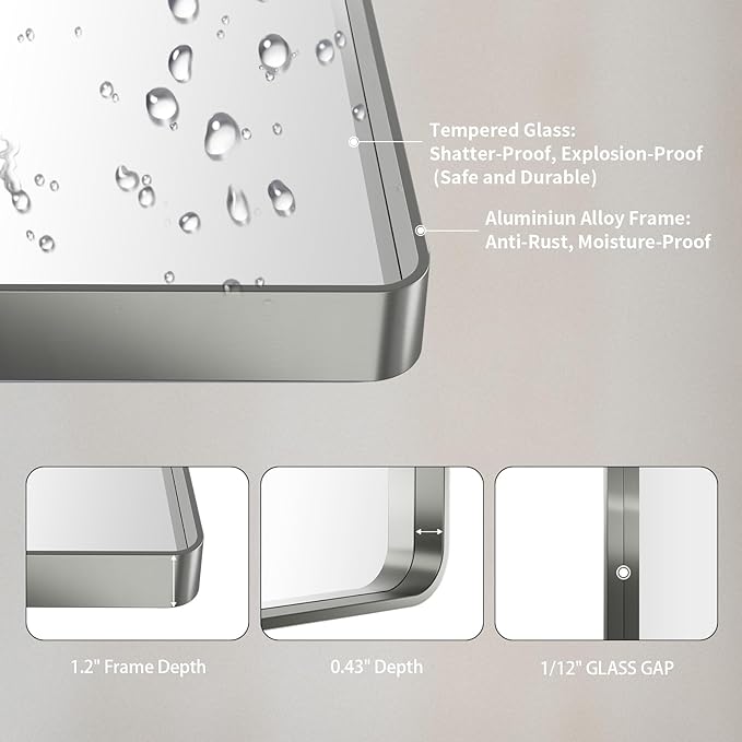 LOAAO 38X38 Inch Brushed Nickel Bathroom Mirror, Rounded Rectangle Silver Metal Frame Mirror, Brushed Nickel, Anti-Rust, Shatter Proof, Hangs Horizontally or Vertically