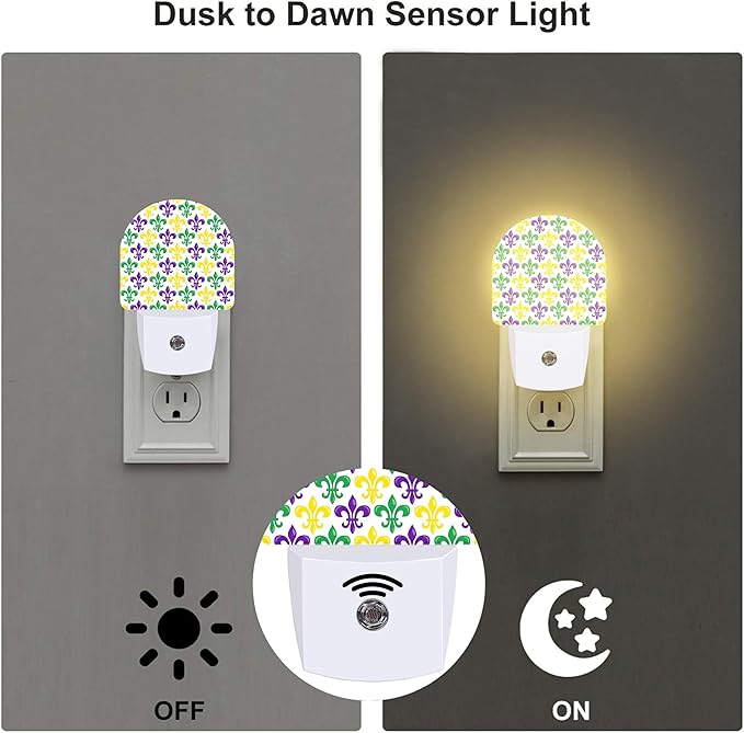 sndheke Mardi Gras Carnival Night Light, Colorful Fleur-de-lis Dusk to Dawn Night Light Plug in,0.5w Energy Saving Sleep Friendly NightLight for Kids Boys Girls Home Decor