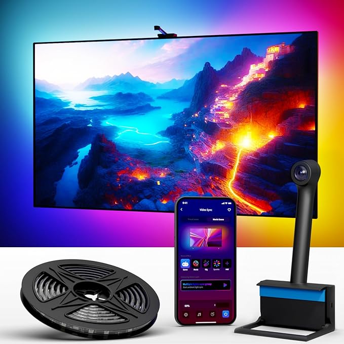 Ailofy Smart TV LED Backlight with Camera for 55-70 inch Screens, 12.48ft LED Strip Lights Sync to Screen & Music, Color Changing Lights Work with Alexa & Google Assistant, App Control