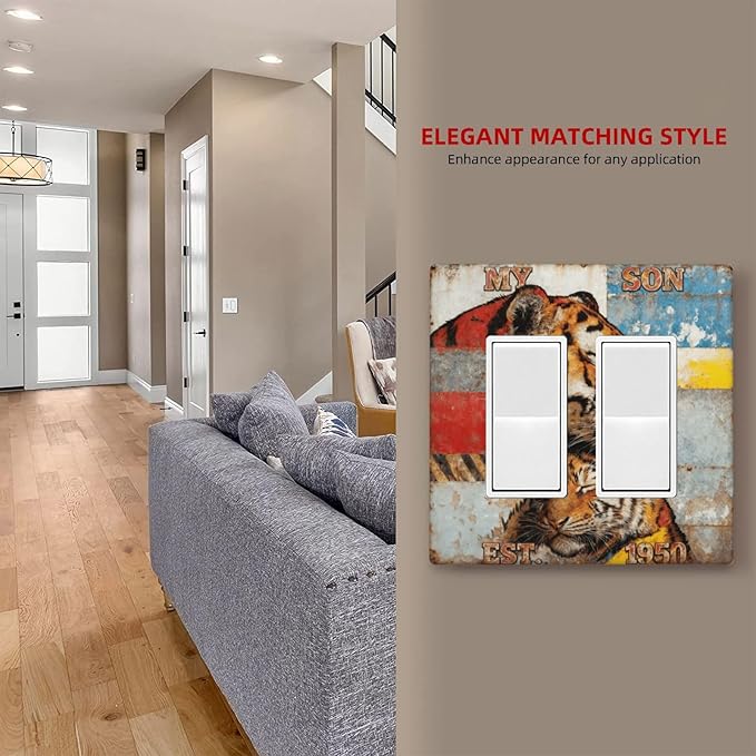 Bvtewkhz Tiger Vintage 2 Gang Double Rocker Decorative Outlet Covers Light Switch Plate Electrical Receptacle Switchplate For Bathroom Kitchen Bedroom