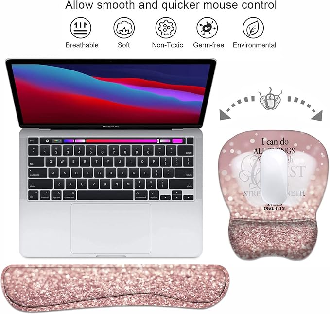 Ergonomic Mouse Pad Wrist Support and Keyboard Wrist Rest Set with Coasters, Non-Slip PU Base, Easy Typing & Pain Relief, Perfect for Home Office Working Studying, Bible Verse Phil 4-13