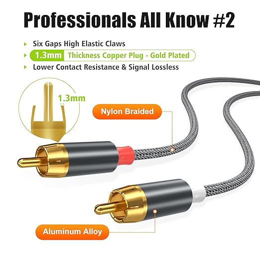 AGVEE 10ft RCA Cable, 2 RCA Male Thickened Six Claws Plug Stereo Auxiliary Audio Cord for Home Theater, Amplifier, Active Speakers or Subwoofer, Gray