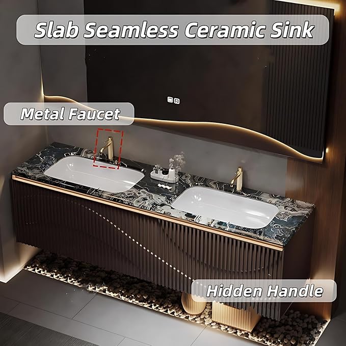 Double Sink Bathroom Vanity - Bathroom Vanities with Tops & Smart Defogging LED Lamp | Innovative Door Panel Design with Concealed Handle, Metal Faucet (Brown, 64IN)